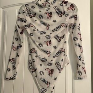 White Long Sleeve Bodysuit with Western Design